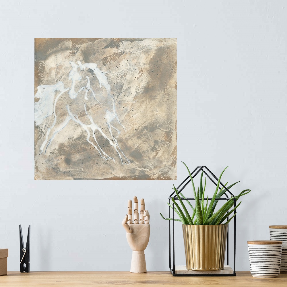 A bohemian room featuring Contemporary artwork featuring a white outline of a horse galloping over a beige abstract backgro...
