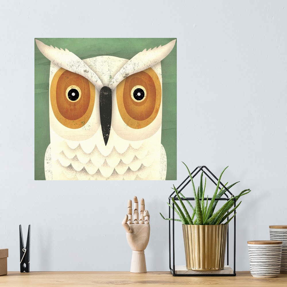 A bohemian room featuring Contemporary artwork of a white owl with an intense gaze in its eyes.
