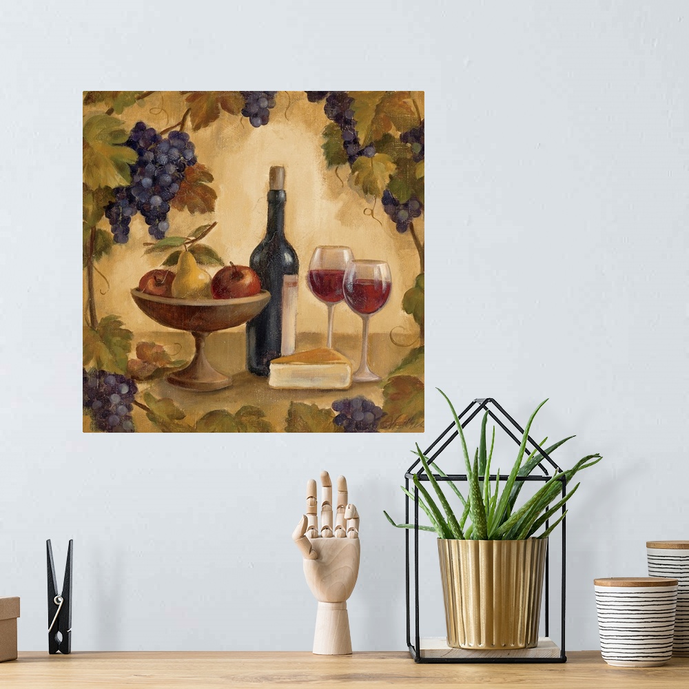 A bohemian room featuring Docor perfect for the kitchen of wine, cheese, a fruit bowl and grapes on the vine outlining the ...
