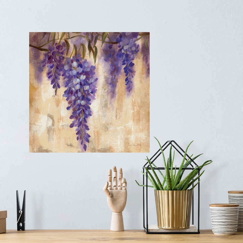 A bohemian room featuring Contemporary painting of purple flowers hanging from vines, against a beige background.