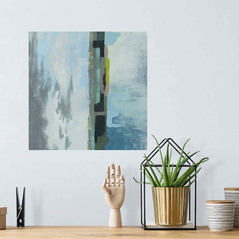 A bohemian room featuring Contemporary abstract home decor artwork using blue tones.