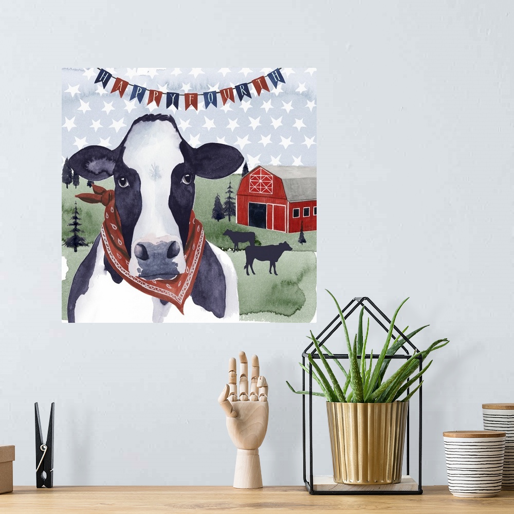 A bohemian room featuring Banner of "Happy Fourth" above a black and white cow with a red bandanna in front of a barn and f...