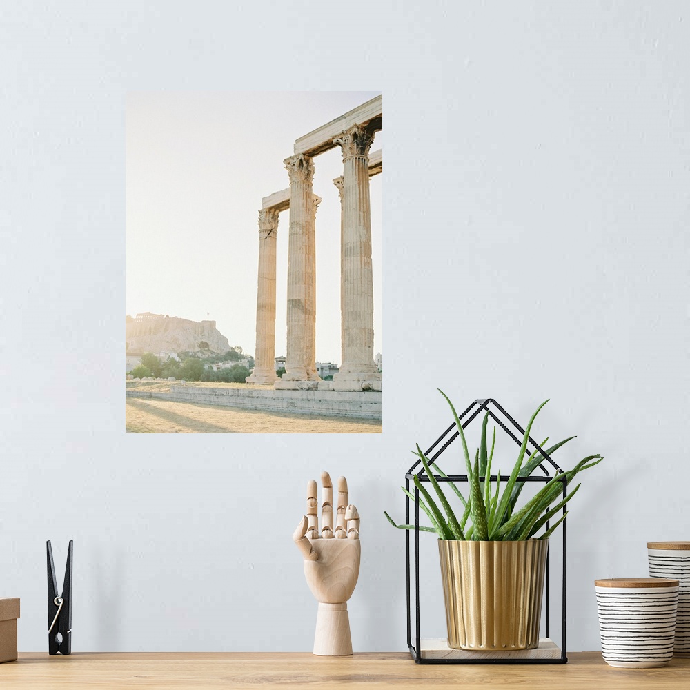 A bohemian room featuring Photograph of the classical architecture of Athens, Greece.