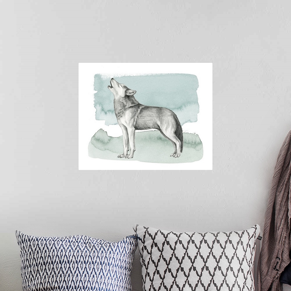 A bohemian room featuring Graphite sketch of a howling wolf on a blue, green, and white watercolor background.