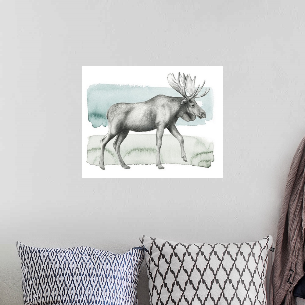 A bohemian room featuring Graphite sketch of a moose on a blue, green, and white watercolor background.
