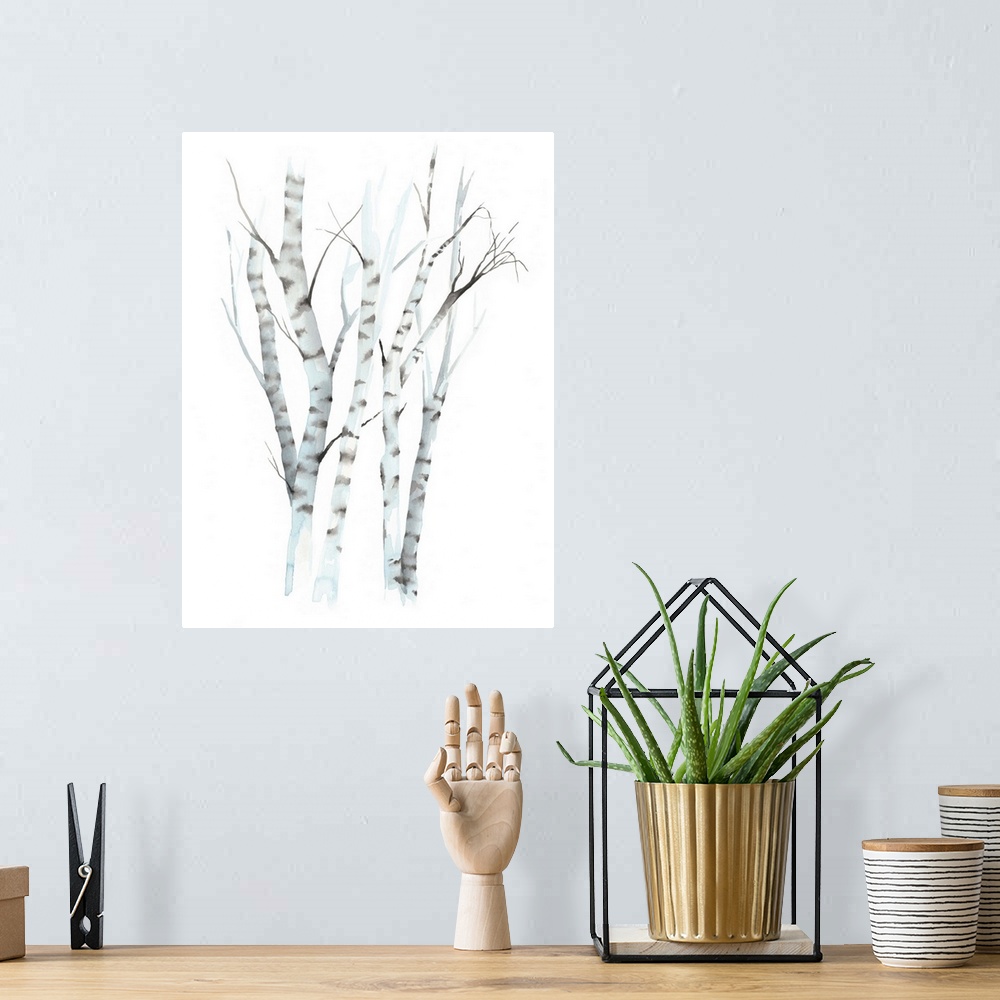 A bohemian room featuring Watercolor painting of white striped birch trees against a white background.