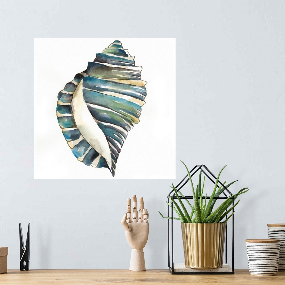 A bohemian room featuring Detailed watercolor painting of a blue spiral seashell.