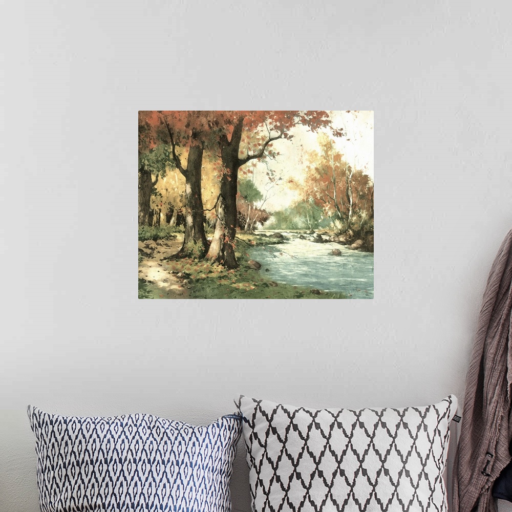 A bohemian room featuring Contemporary artwork of an autumn landscape seen in the foliage of the trees.