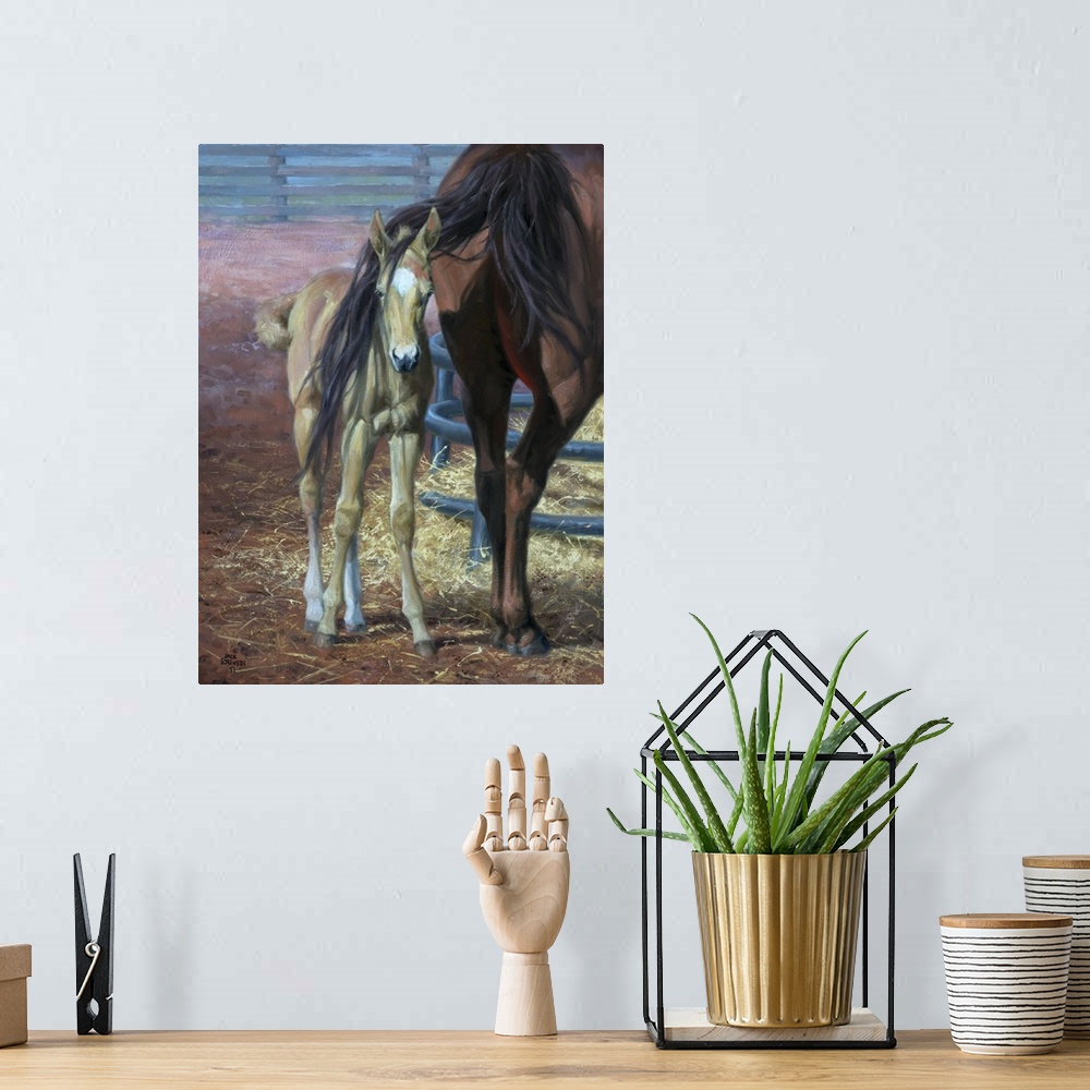 A bohemian room featuring Lively brush strokes that create a humorous scene of a foal and their mother in this contemporary...