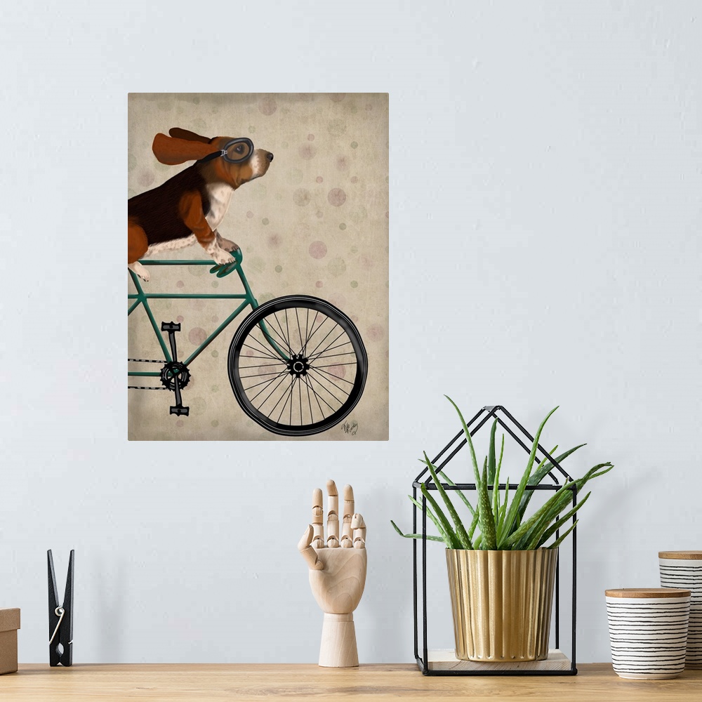 A bohemian room featuring Decorative artwork of a Basset Hound riding on a bicycle wearing goggles, on a light polka dotted...