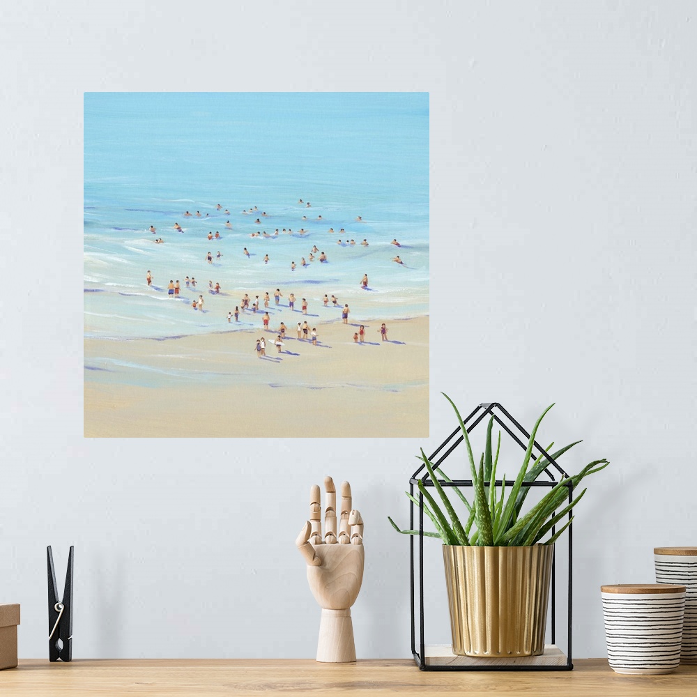 A bohemian room featuring Contemporary painting of an aerial view of people on a sandy beach.