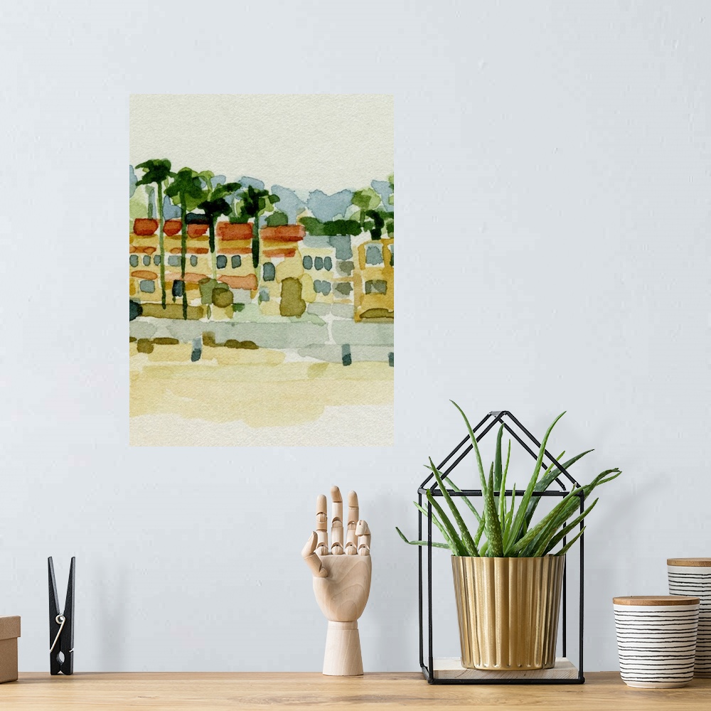 A bohemian room featuring A very simple, abstracted watercolor painting of row houses and palm trees with a beach in front
