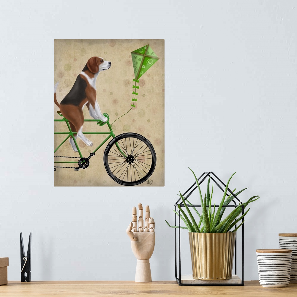 A bohemian room featuring Decorative artwork of a Beagle riding on a green bicycle with a green kite attached to the front.