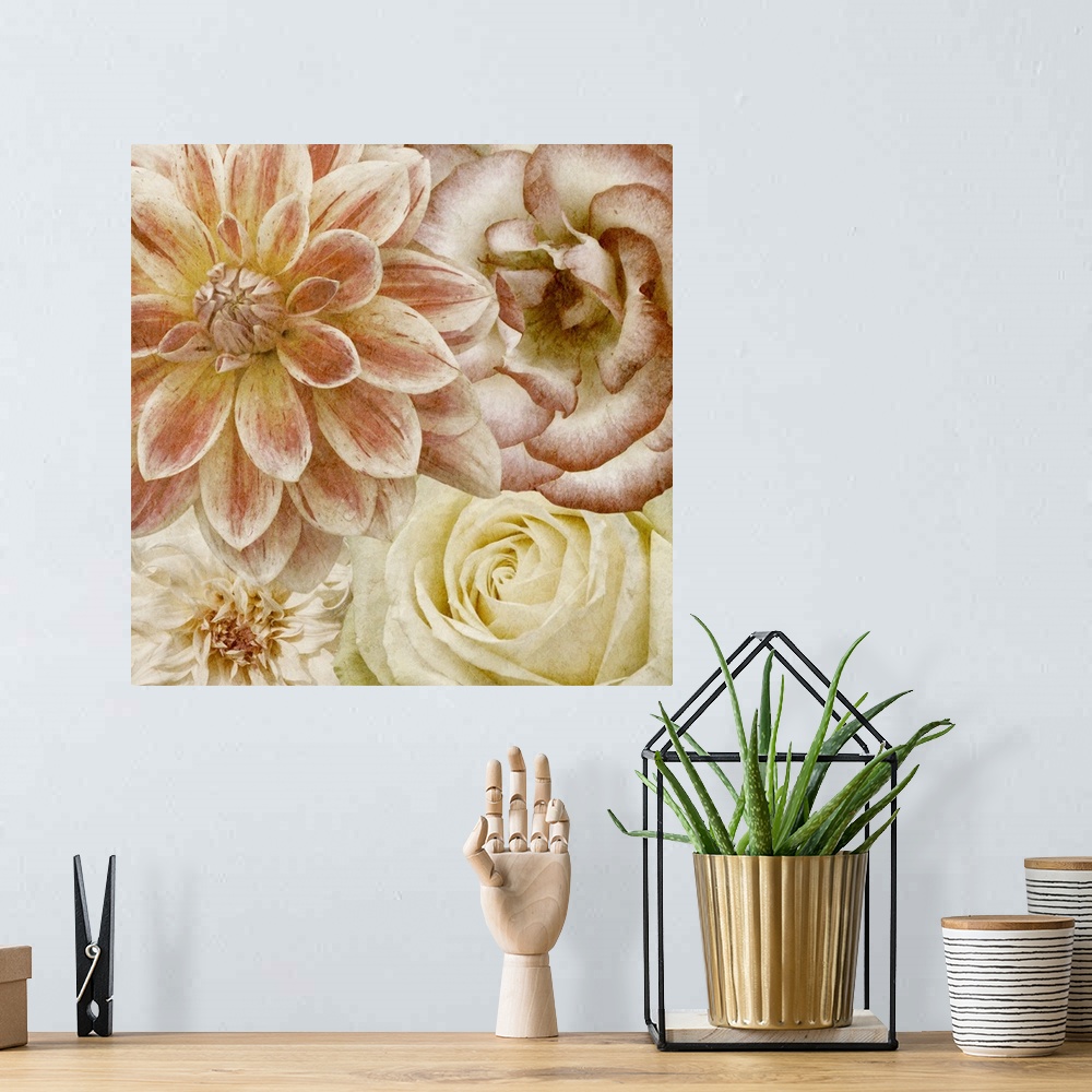 A bohemian room featuring Flowers in shades of pink and yellow fill this decorative art edge to edge.