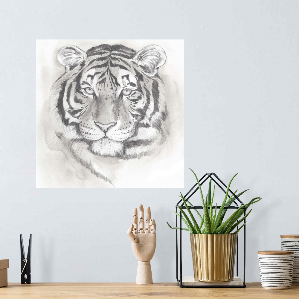 A bohemian room featuring Grey-toned study of the face of a tiger.