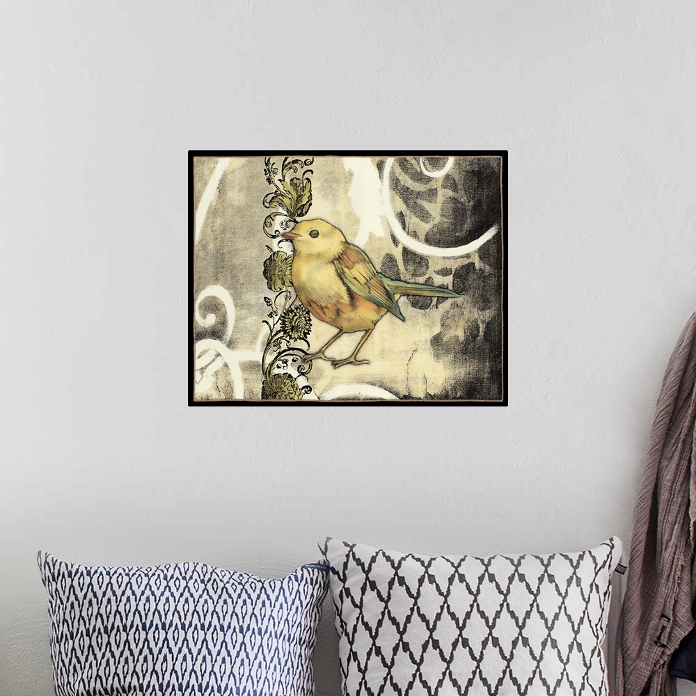 A bohemian room featuring Contemporary home decor artwork of a yellow garden bird.