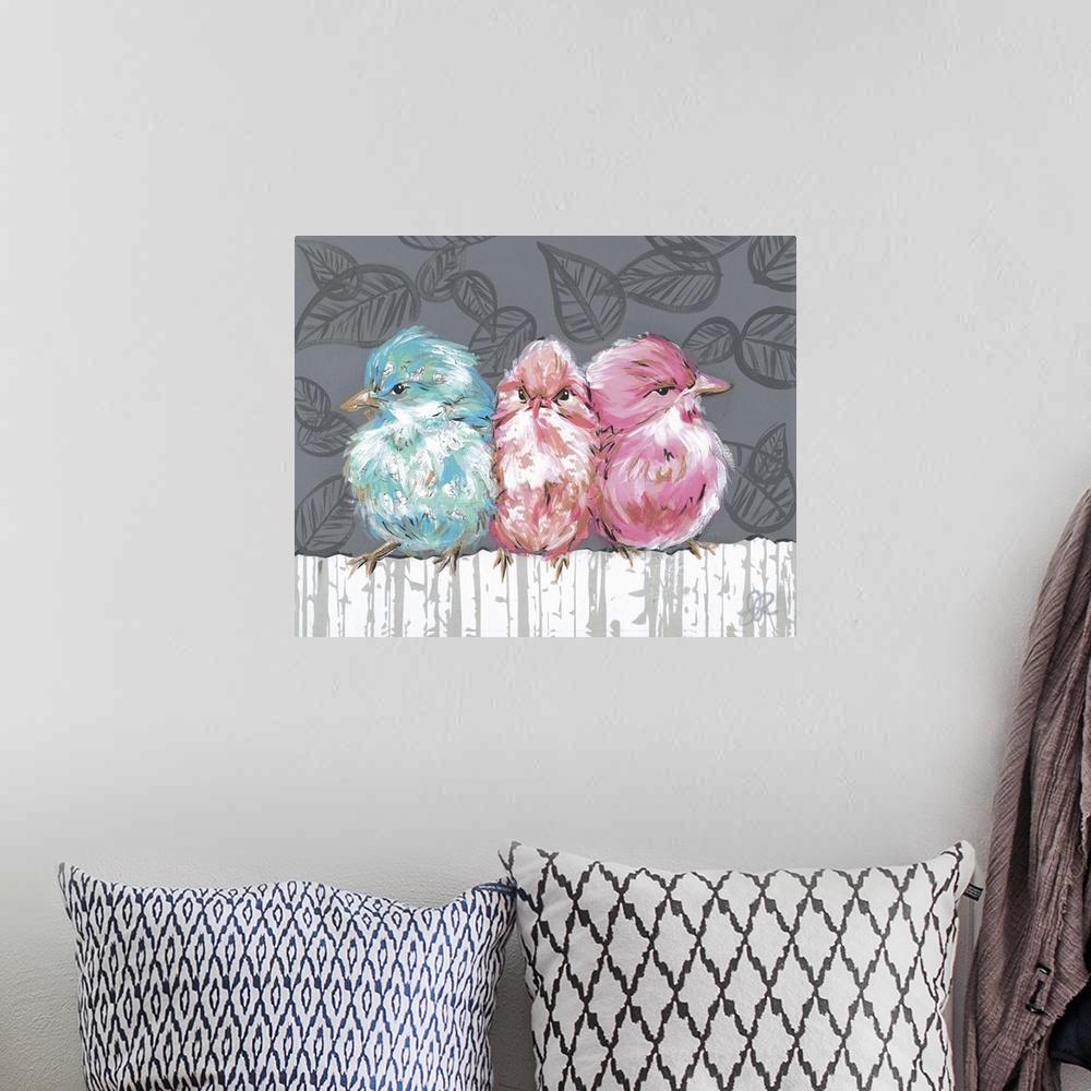 A bohemian room featuring Three bright colored birds in pink, peach and blue, perched on a white fence against a grey leaf ...