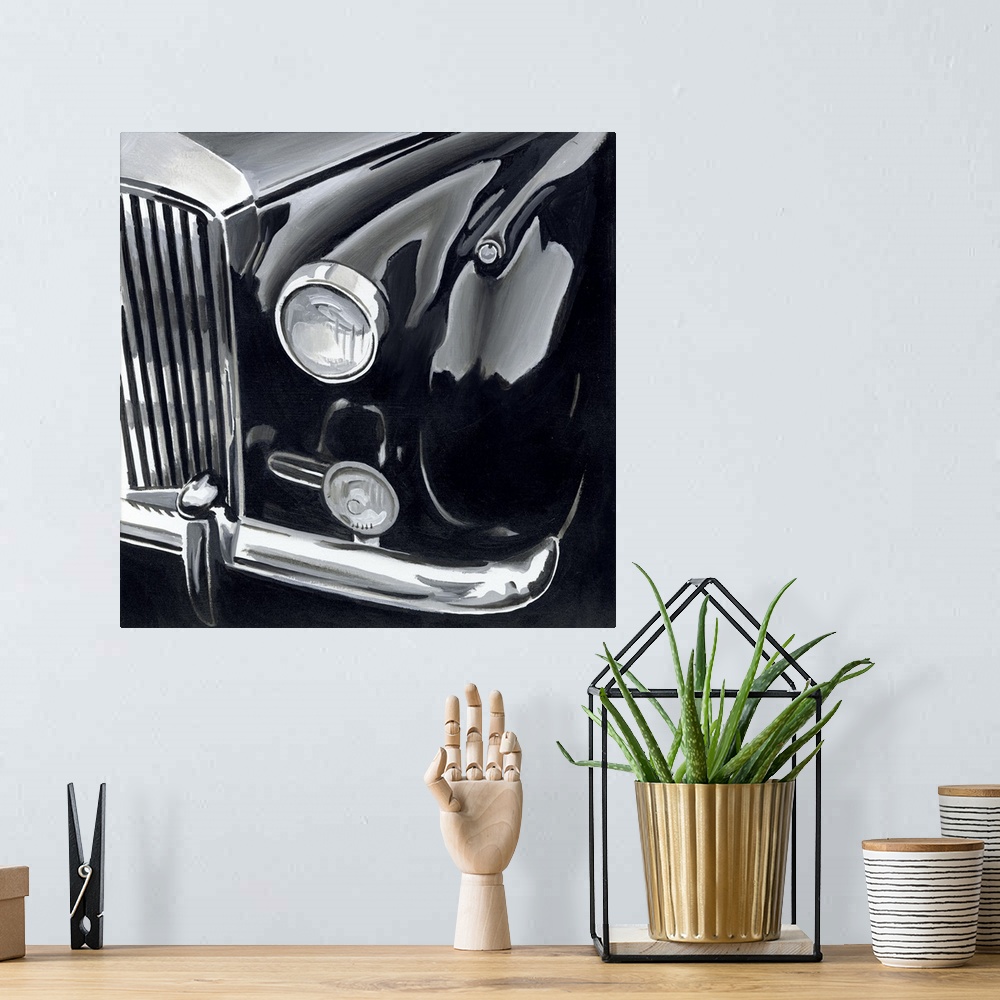 A bohemian room featuring A contemporary painting of a classic vintage car in a polished black finish.