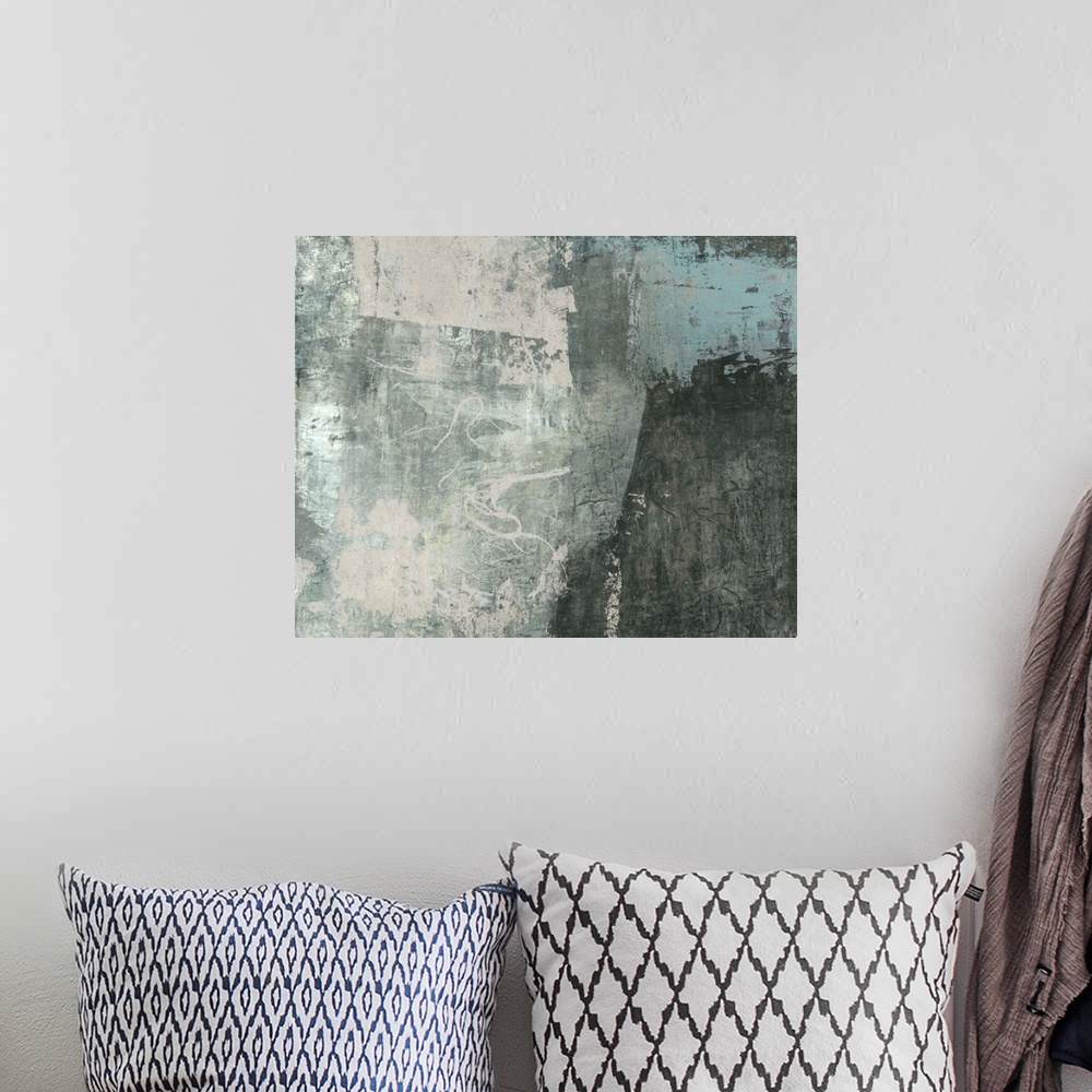 A bohemian room featuring This industrial abstract consists of blue and gray shades with erratically placed fibrous strands...