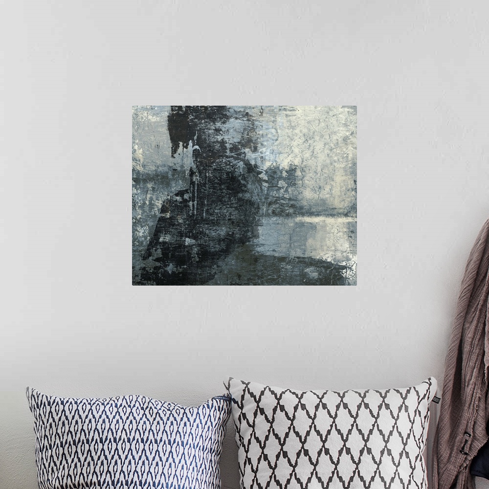 A bohemian room featuring This industrial abstract consists of blue and gray shades with erratically placed fibrous strands...