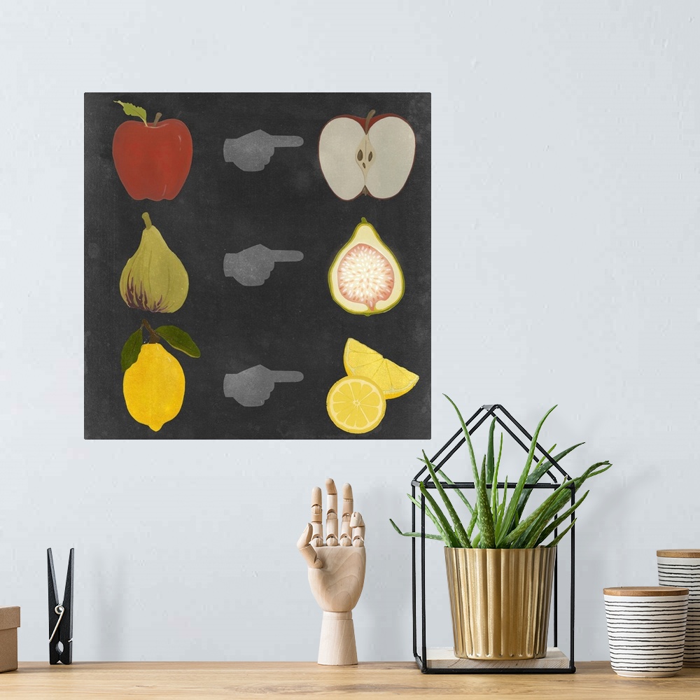 A bohemian room featuring Contemporary artwork of fruits and their halves in chalkboard style.