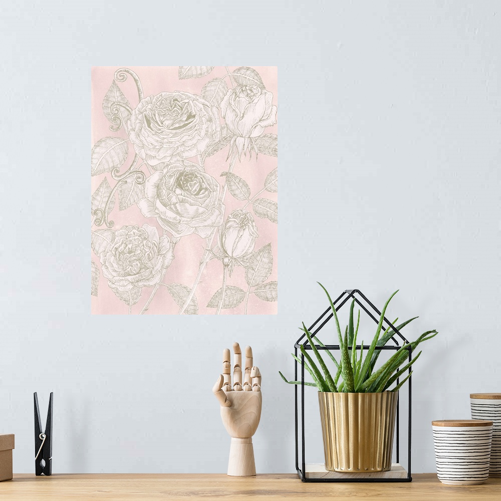 A bohemian room featuring This decorative artwork features illustrated roses in subdued beige and white over a soft pink ba...
