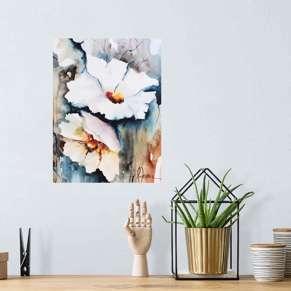 A bohemian room featuring Watercolor painting of white flowers against a colorful background.