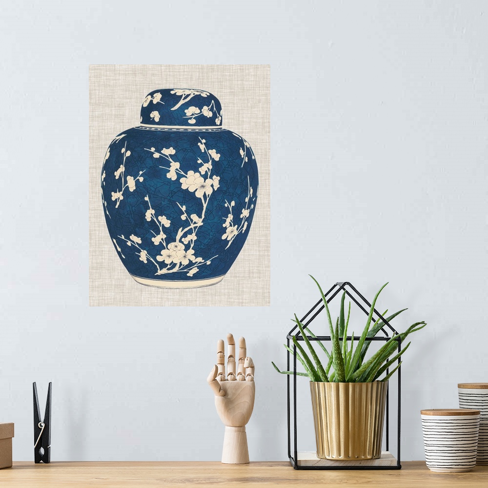 A bohemian room featuring Blue and White Ginger Jar on Linen I