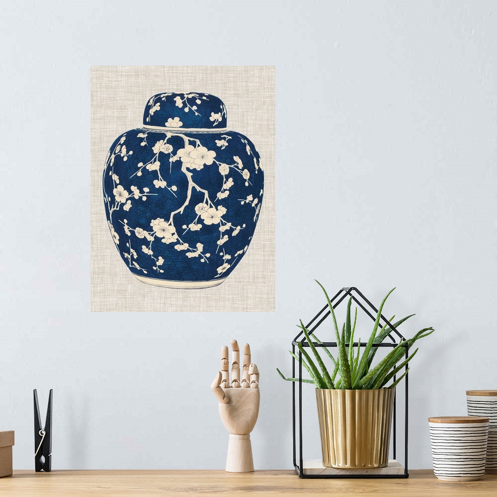 A bohemian room featuring Blue and White Ginger Jar on Linen II