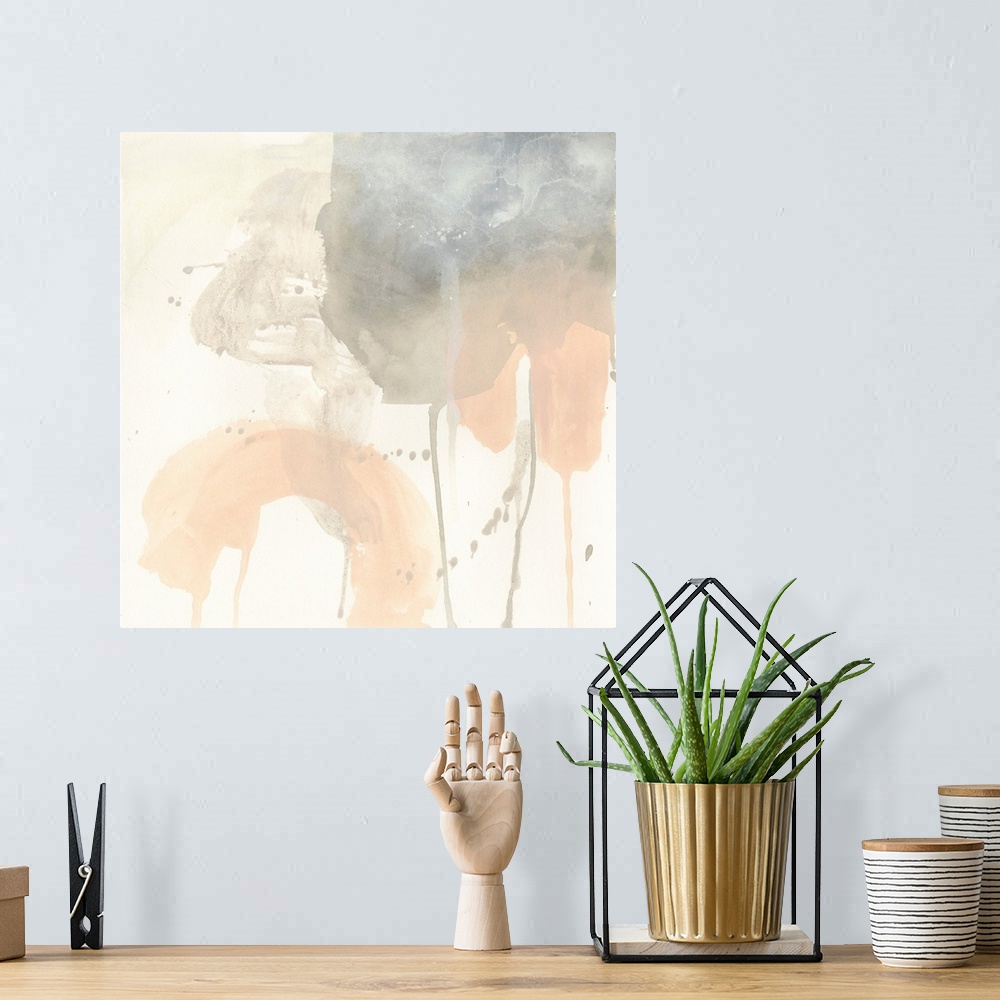 A bohemian room featuring Contemporary watercolor abstract painting in shades of blush pink and gray.