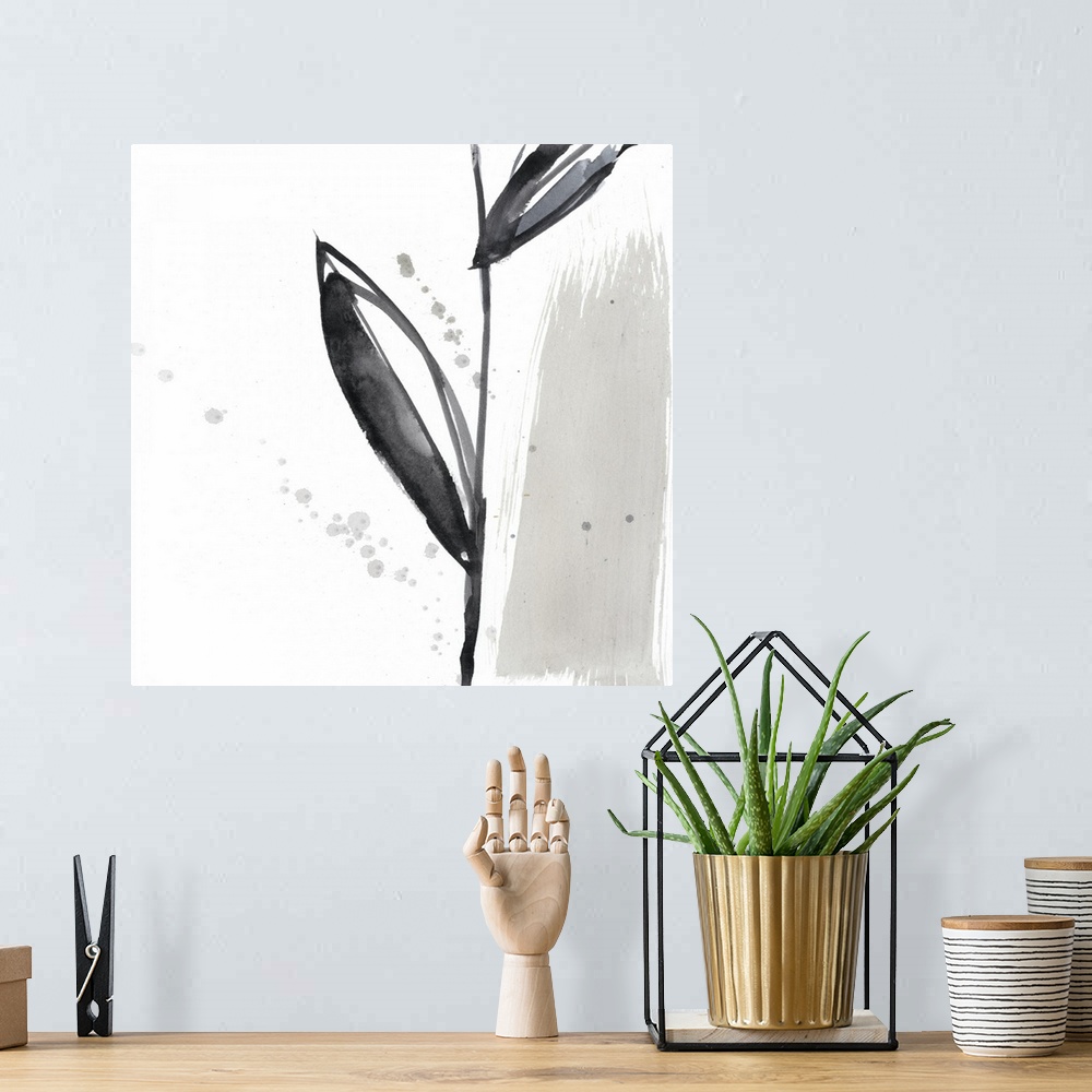 A bohemian room featuring Square watercolor abstract of a flower stem and leaves with overlapping spatters of paint on a wh...
