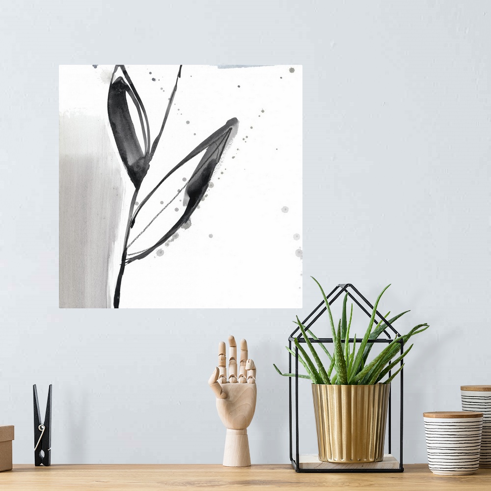 A bohemian room featuring Square watercolor abstract of a flower stem and leaves along strokes of gray with overlapping spa...