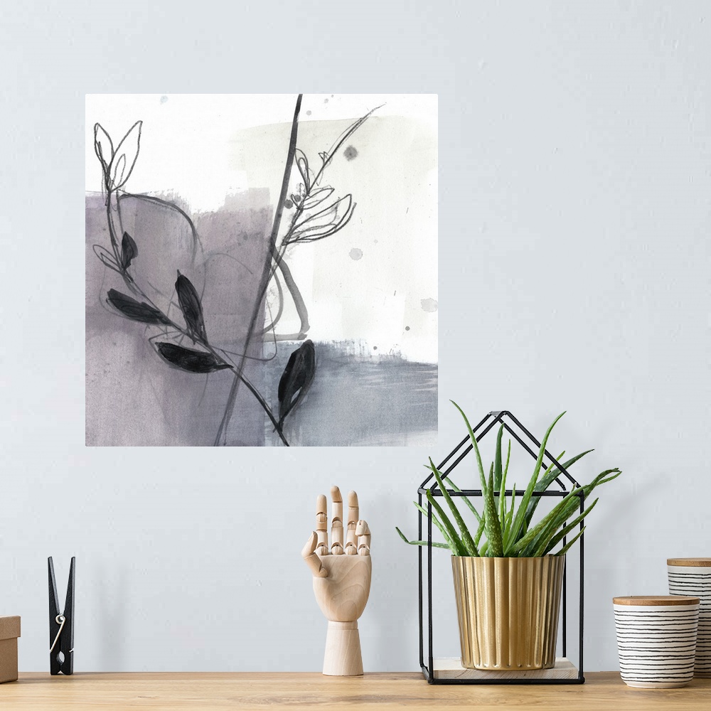 A bohemian room featuring Square watercolor abstract of flower stems along strokes of gray and beige with overlapping spatt...