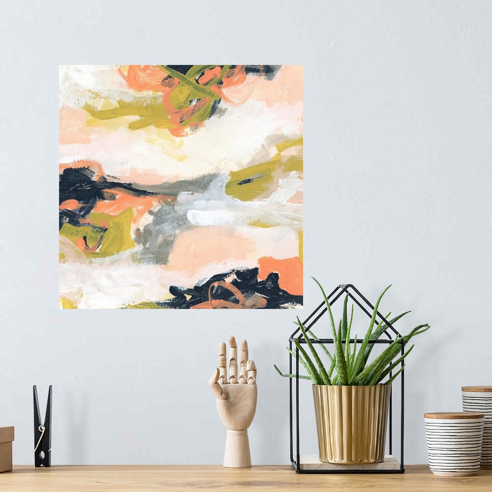 A bohemian room featuring Contemporary abstract painting in blush, olive, and navy.