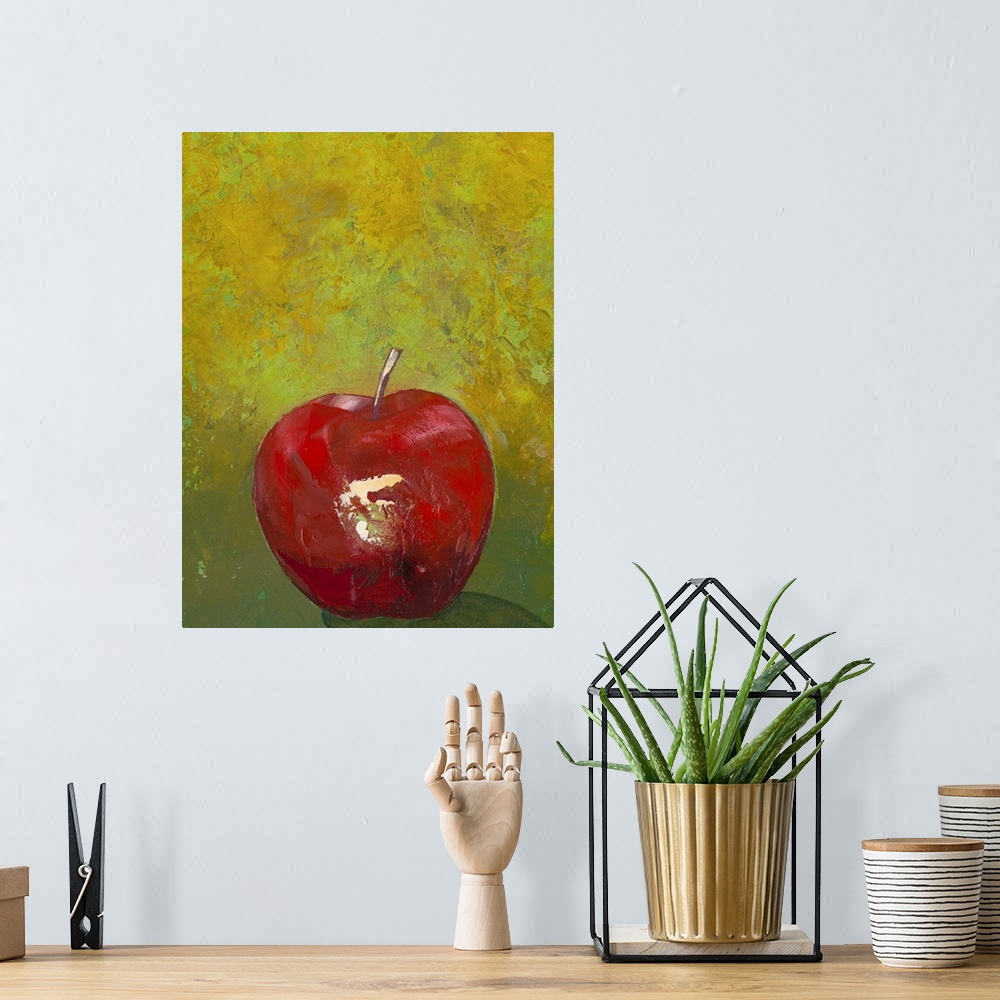 A bohemian room featuring Contemporary painting of an apple against a green background.