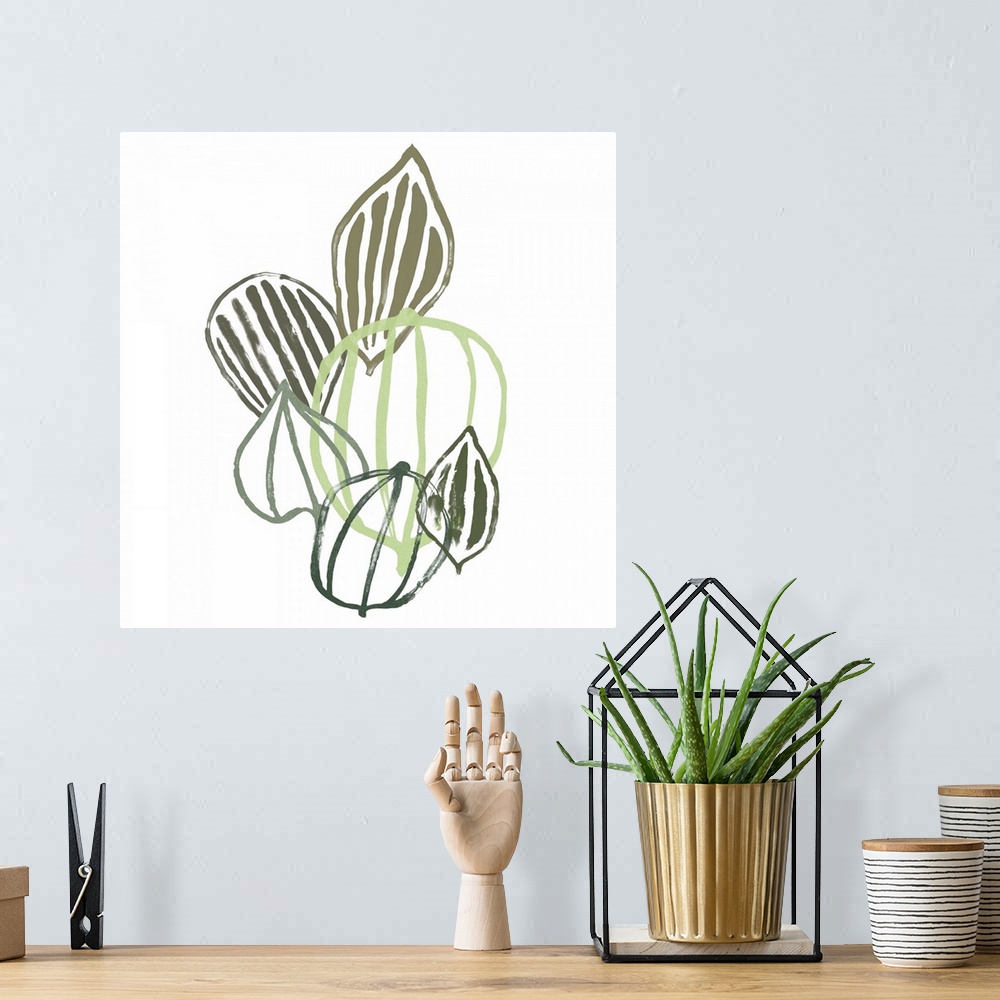 A bohemian room featuring This contemporary artwork features soft painted lines in shades of green that form seedpods over ...