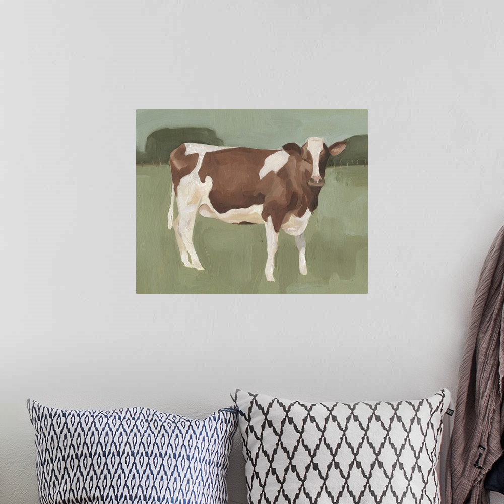 A bohemian room featuring Contemporary painting of a brown and white cow standing in a field of spotted shades of green.