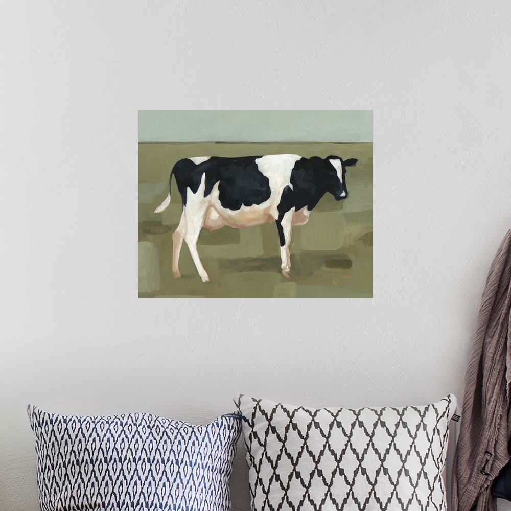 A bohemian room featuring Contemporary painting of a black and white cow standing in a field of spotted shades of green.