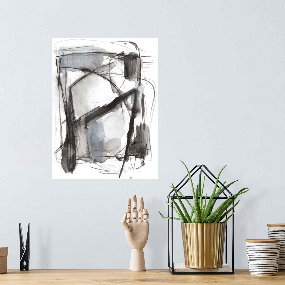 A bohemian room featuring Abstract artwork in quick, sketchy grey lines and watercolor blocks.
