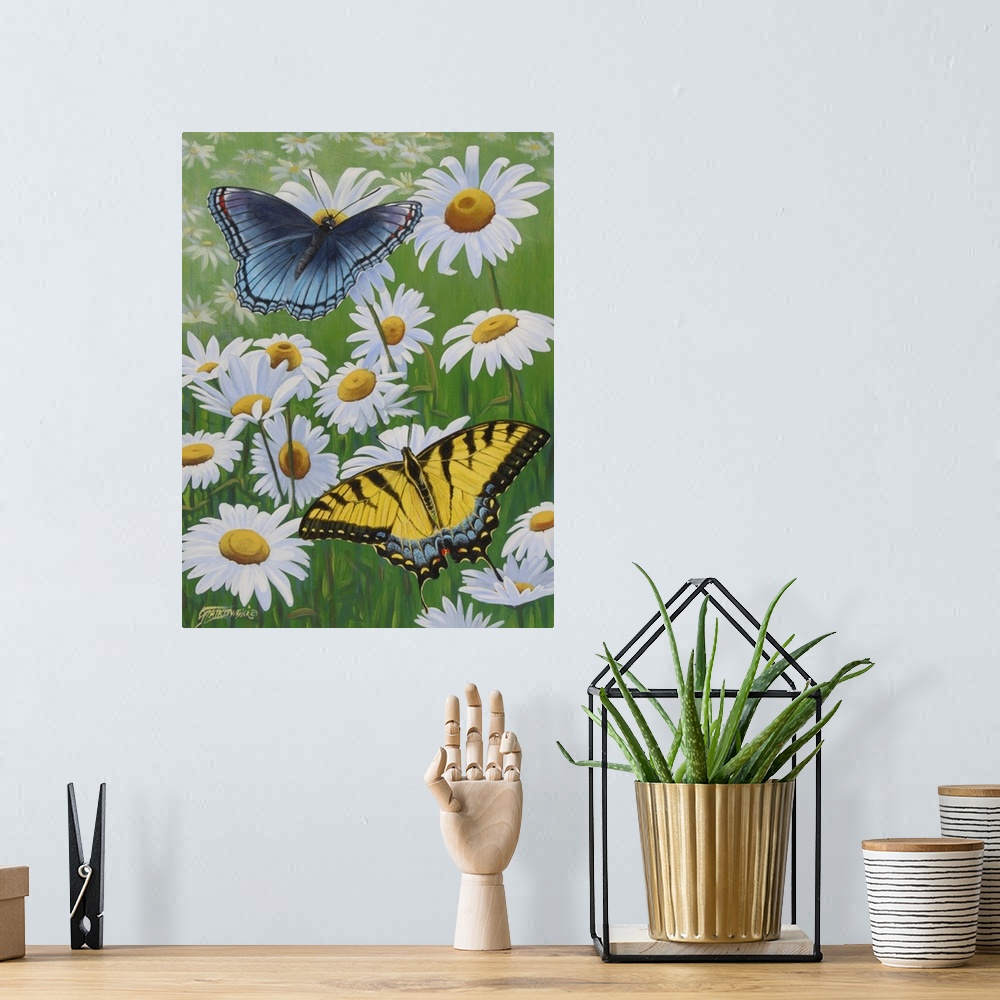 A bohemian room featuring Contemporary painting of two swallowtail butterflies perching on daisy flowers.