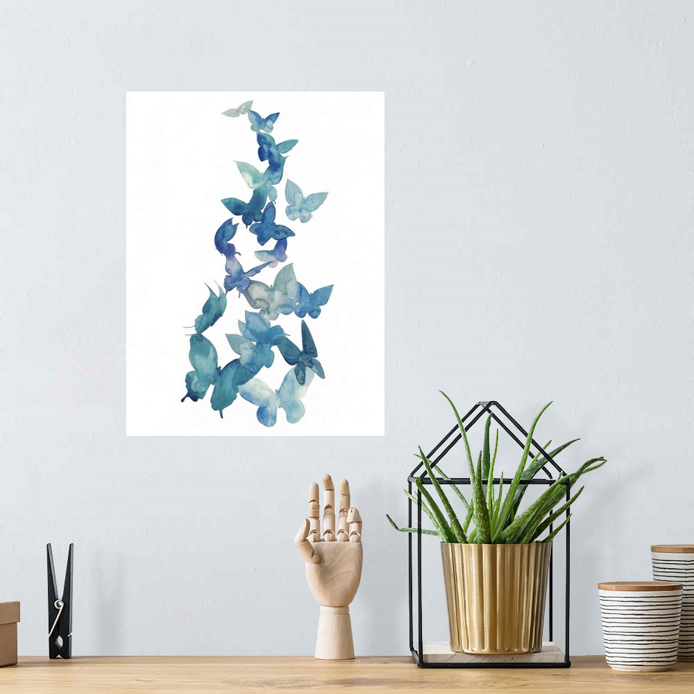 A bohemian room featuring Blue watercolor butterflies ascending against a white background.