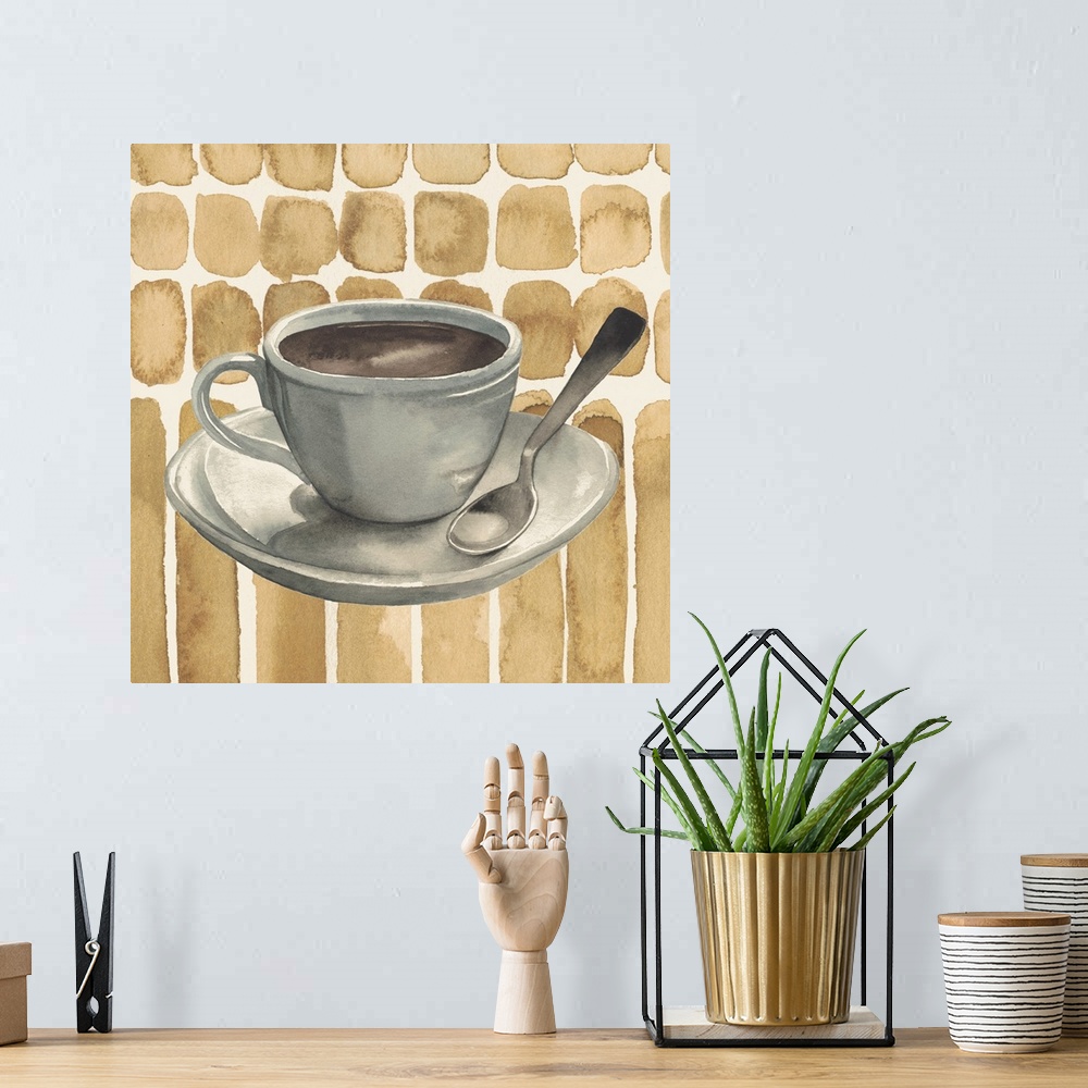 A bohemian room featuring Watercolor artwork of a cup of coffee and a spoon sitting on a saucer.