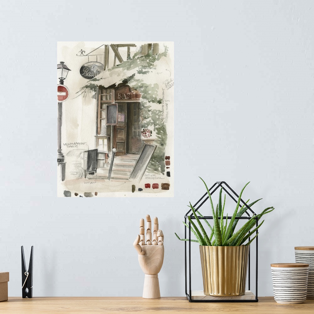 A bohemian room featuring Watercolor painting of the outside of a restaurant with swatches and notes from the artist on the...