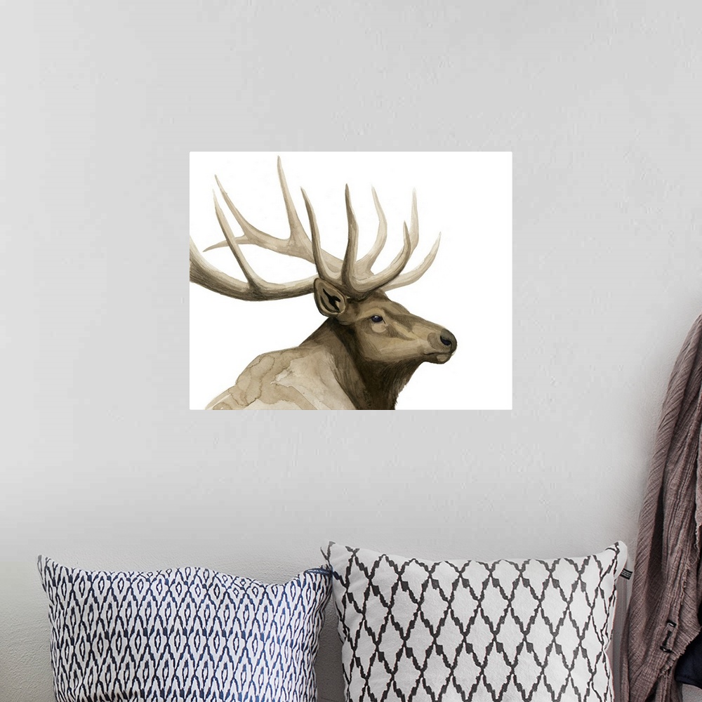A bohemian room featuring Contemporary watercolor painting of an elk.