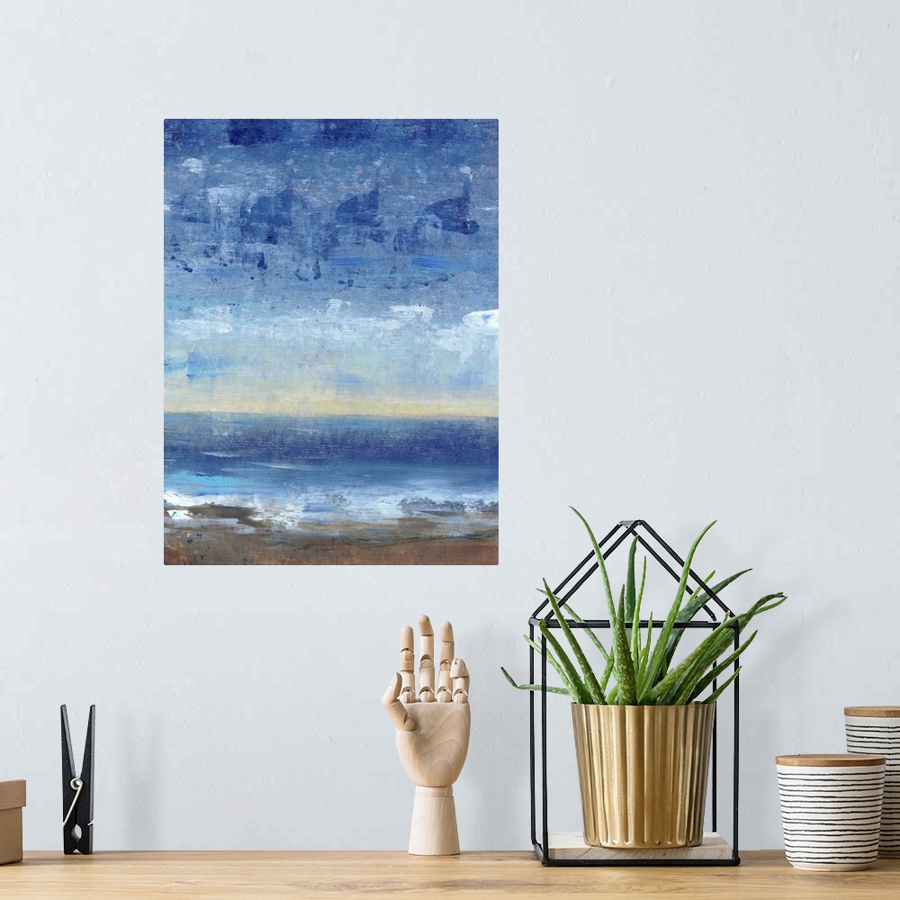 A bohemian room featuring Contemporary painting of a coastal vista in the evening.