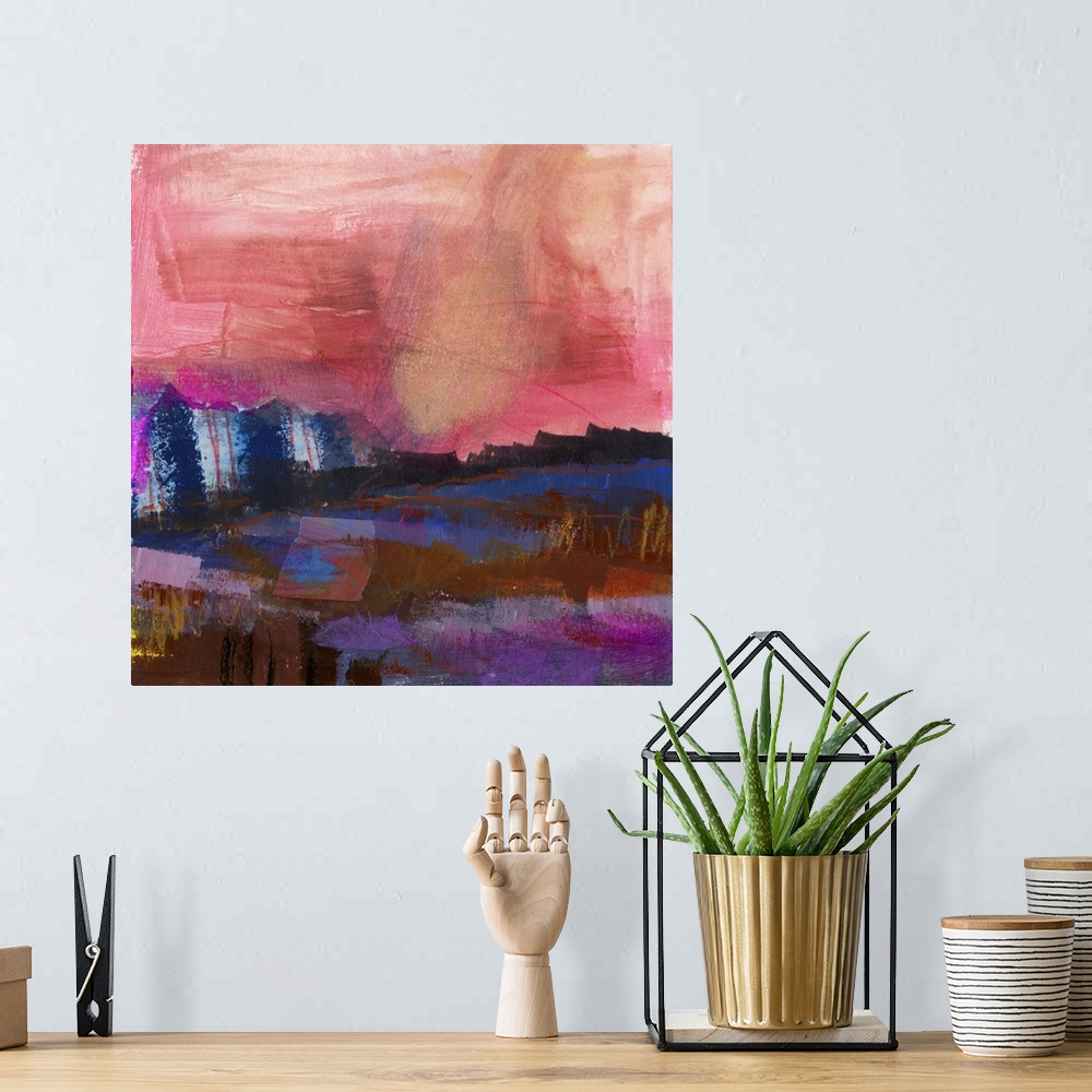 A bohemian room featuring A bright, bold, contemporary abstract painting in jewel tones of pink, blue and purple accented w...