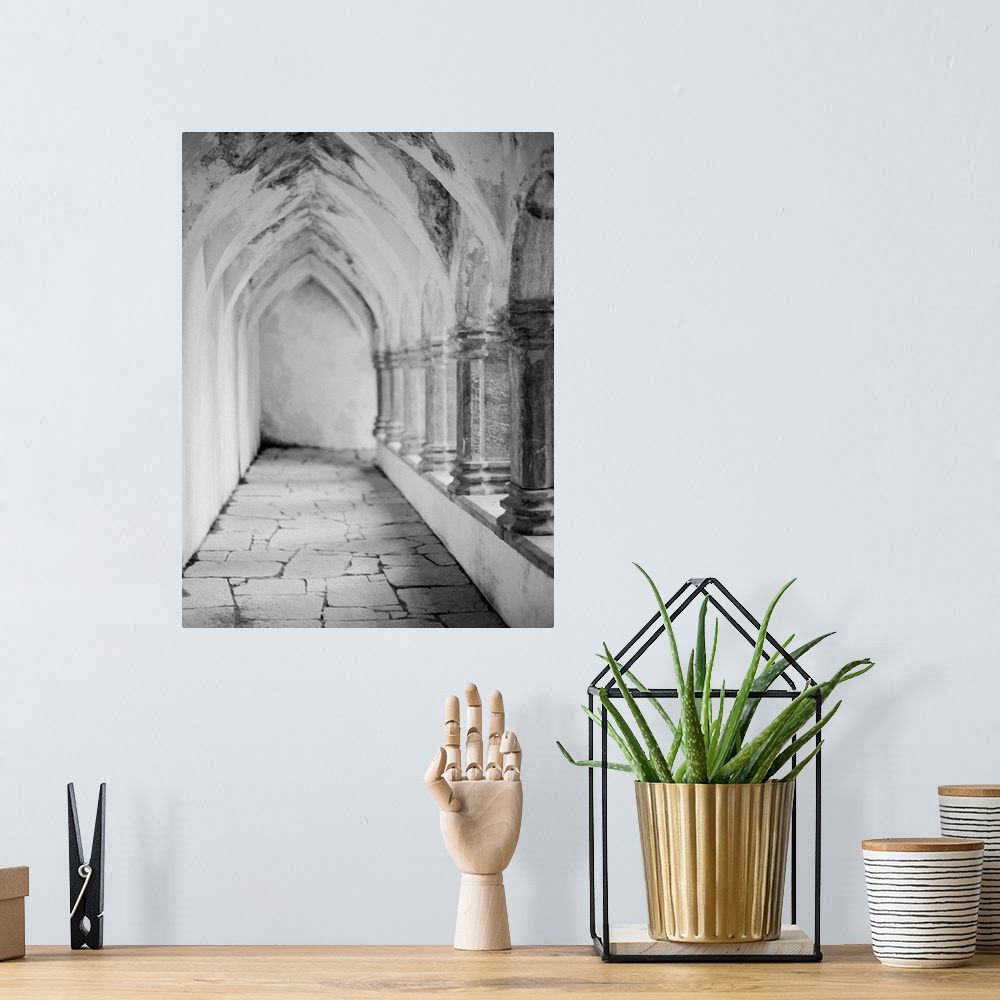 A bohemian room featuring Black and white photograph of the outside walkway of a cathedral, Ireland.