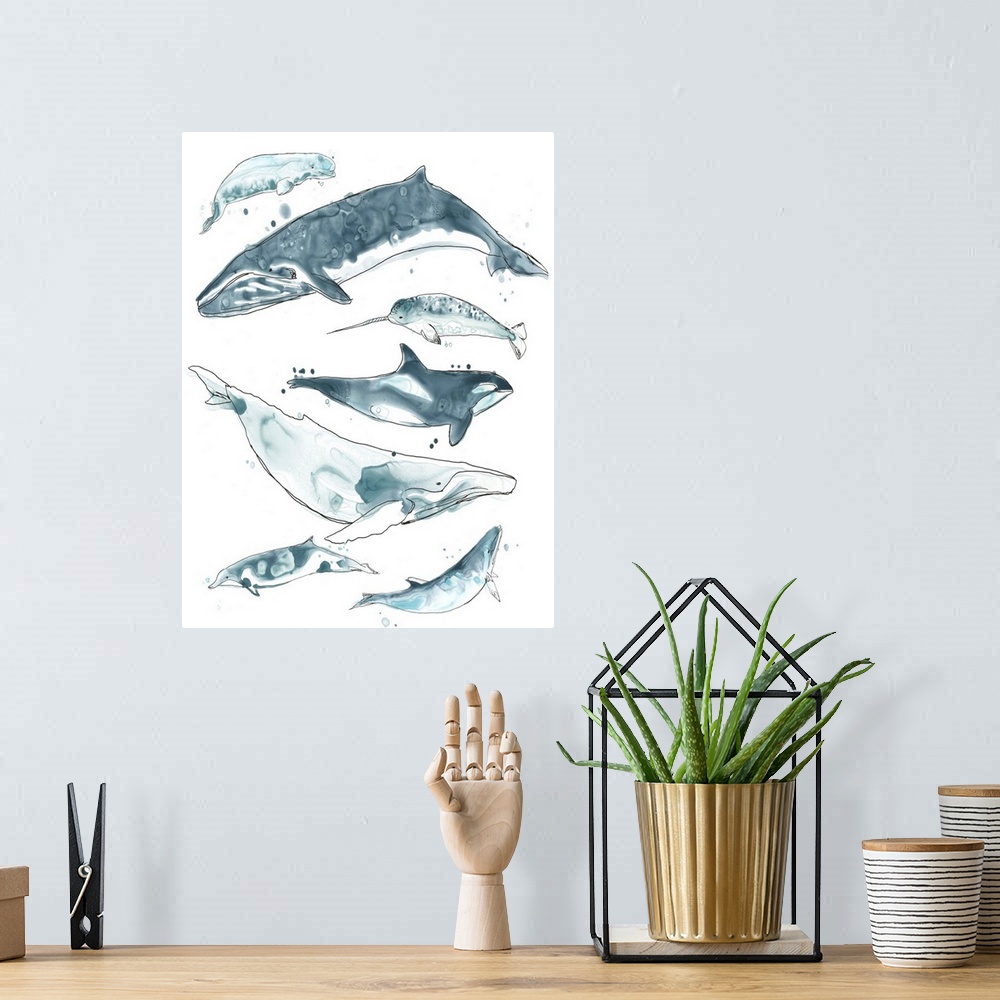 A bohemian room featuring Fun contemporary watercolor drawing of whales in various shades of blue.