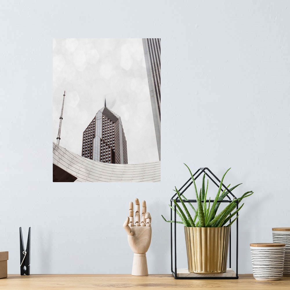 A bohemian room featuring In this photograph of skyscrapers, elegant architectural details overlap one another to create a ...