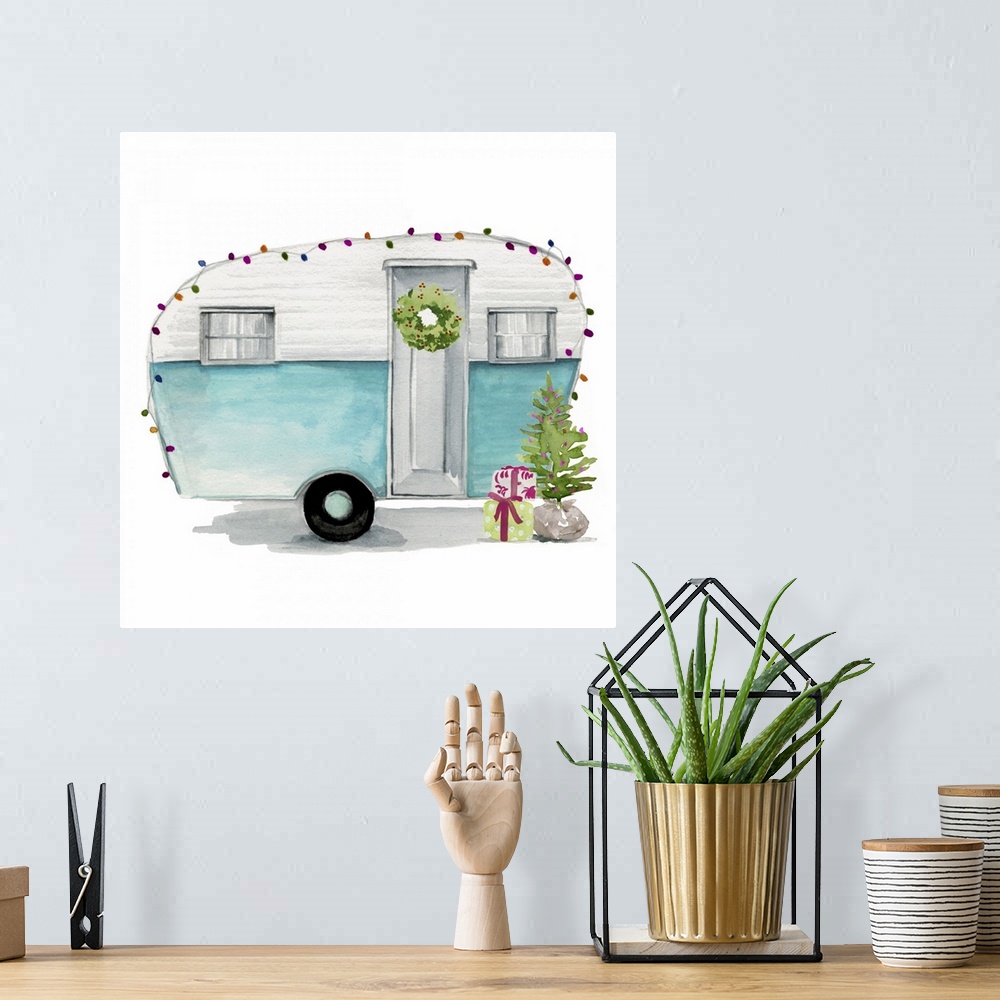 A bohemian room featuring Square holiday image of a vintage teardrop trailer, decorated with multi-colored lights and a Chr...